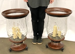 lot 215 image: A Pair of Large Footed Decorative Glass Floor Lamps Each Lit w 3 Electric Candles