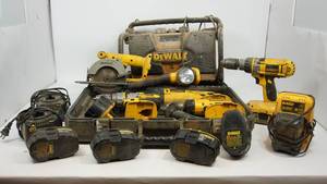 lot 3 image: DeWalt Radio--Reciprocating Saw 938--Trim Saw--Rechargable Light--Heavy Duty Cordless Hammer Drill--Three Battery Chargers--Seven Batteries