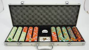 lot 6 image: Poker Chips In Metal Case  & A Deck Of Cards