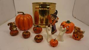lot 17 image: Brass Planter Filled With Miscellaneous Halloween Decorations