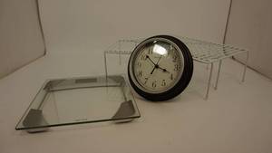 lot 26 image: Two White Rubber Coated Shelves-17 14 Wide  x  10 Deep--Westclox Battery Operated Clock--Taylor Weight Tracking Scale