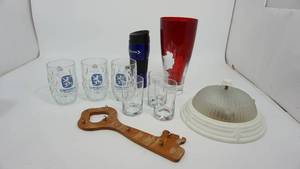 lot 27 image: Vintage Light Fixture-Red Vase (Part Of The Bottom Is Peeling)-St. Cloud Insulated Cup-Wooden Key With Six Hooks To Hang Keys On-Three LOWENBRAU MUNCHEN Glass