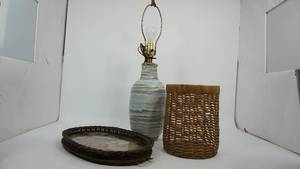 lot 33 image: Oval Serving Tray-17 x  11---Metal  Wicker Looking Garbage Can---Ceramic Table Lamp-26 12 Tall---Three Way--No Lamp Shade