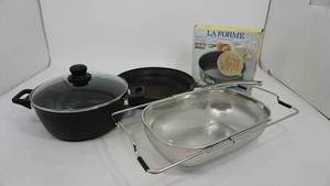 lot 38 image: Frying Pan--Soup Kettle W Cover--Laforme  (Original Kaiser Backform)--Metal Strainer W Two Handles That Are Adjustable
