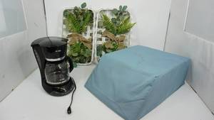 lot 40 image: Cushion To Place Your Legs On--Electric 12 Cup Mr. Coffee Maker--Two Wooden Patio Decorations W Greenery In It