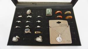 lot 46 image: Nineteen Costume Jewelry Rings--Sterling Silver Cubic Zirconia Necklace