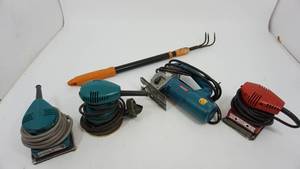 lot 60 image: Bosch Jig Saw  Heavy Duty Milwaukee Finishing Sander  Makita Orbit Sander  Makita Finishing Sander  Adjustable Garden Rake