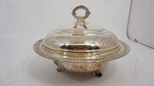 lot 61 image: Antique Round Silver Plated Covered Casserole Dish