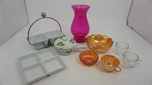 lot 80 image: White Dishes--Glass Sugar & Creamer Set--Vintage Amber Glass Bowl--Vintage Amber Coffee Cup--Vintage Sauce Dish--Fusia Vase