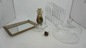 lot 86 image: Hand Painted Vase-Glass Candy Dish-Small Colored Glass Bird-Glass Cover For An Angel Food Cake-Framed Standing Mirror-Metal Stand For Files Or Whatever