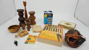 lot 87 image: Hand Made Wooden Candle Holders-Sports Encyclopedia-Wilson T-Ball Glove-Contour Blood Glucose Montoring System-Wallgreens Thermometer--Etc.