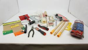lot 90 image: Miscellaneous Painting & Wallpapering Items--Four Metal Shelving Brackets--Two Fluidmaster Bulls Eye Flapper For Toilets--Hard Rubber Ring To Be Used For Under Tongue Jack Caster Wheel