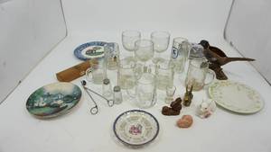 lot 92 image: Eleven Miscellaneous Glassware--A Set Of Glass Salt & Pepper Shakers-Five Decorative Plates--Small Wooden Storage Box--Pheasant Flower Pot--Four Little Rabbit Items--Wood Wick Clean Cut Wicker Cutter