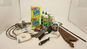 lot 148 image: SOS Lemon Pads-Comet Soft Cleanser-Soft Scrub Bleach-Cook Top Cleaner-A Paint Roller-Cooking Utensils-Copper Scouring Pads-Rusty Hand Saw, ETC.