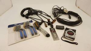 lot 150 image: Black Extension Cord-Magnetic Key Case-25 Tool Shop Tape Measure-5 Pack Utility Blades-Wire Brush Sets-Etc.