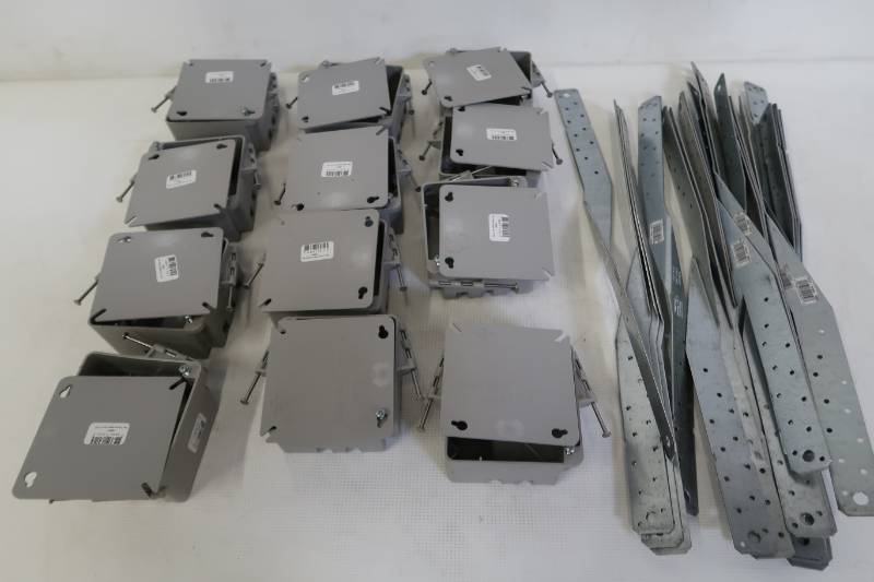 lot 743 image: Collection of Legrand 4 in Plastic Outlet Boxes & Covers (12ct.) and Simpson Strong Tie 20 in 14 Gauge Galvanized Heavy Twist Strap (20ct.)