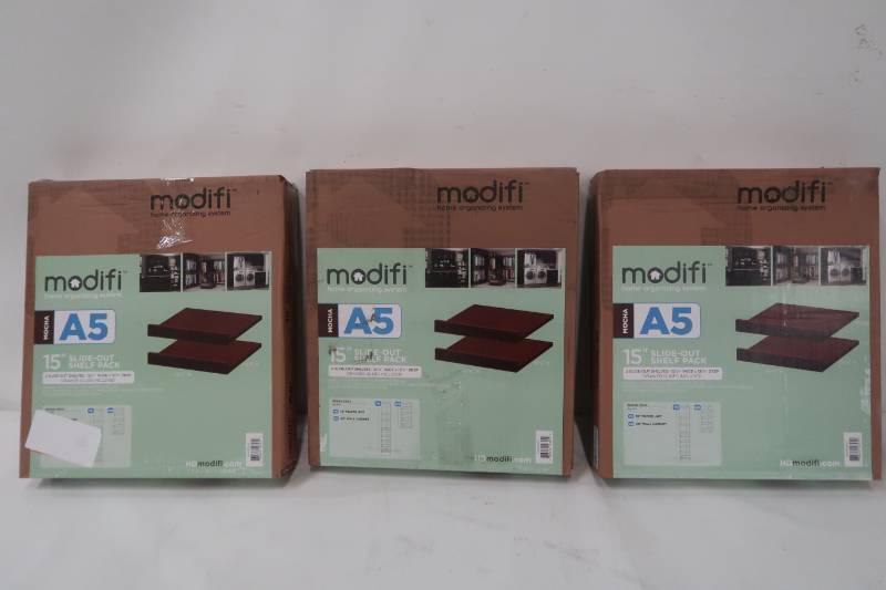 lot 629 image: Modifi A5 15 in. x 3 in. Rollout Shelves Drawer with Fence in Mocha (2-Pack) ASSH1515-MG - 3 Boxes