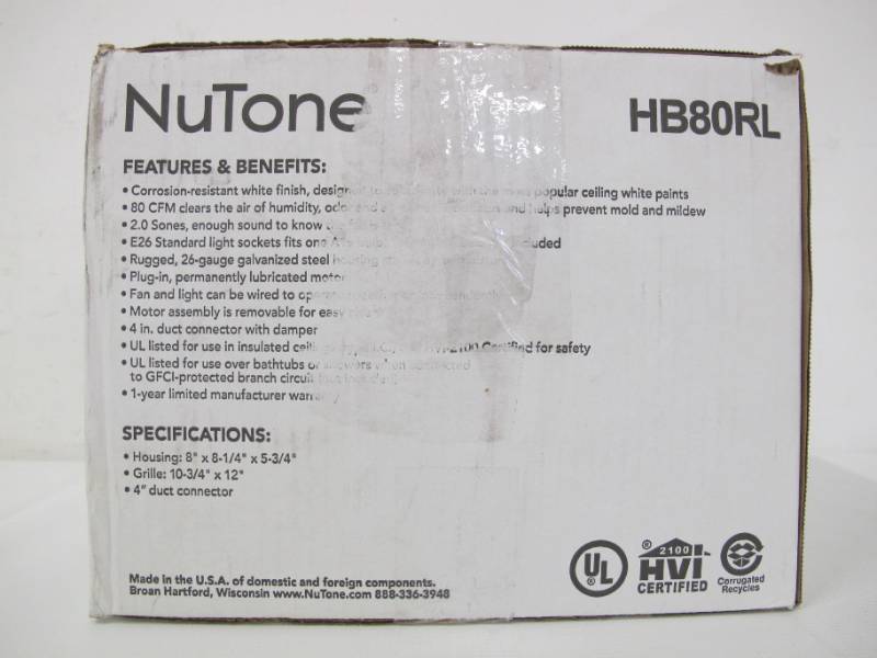 lot 667 image: NuTone HB80RL 80 CFM 2.5 Sone Ventilation Fan with Light