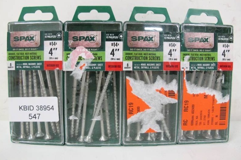 lot 683 image: 4-Pack SPAX #14 x 4 in. Philips Square Drive Flat-Head Undercut Full Thread Zinc Coated Multi-Material Screw (8 per Box - 32 Pieces)