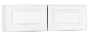 lot 606 image: Hampton Bay Hampton Satin White Raised Panel Stock Assembled Wall Bridge Kitchen Cabinet (36 in. x 12 in. x 12 in.)