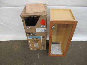 lot 608 image: Hampton Bay 12 Madison Wall Cabinet - Warm Oak - Missing Door