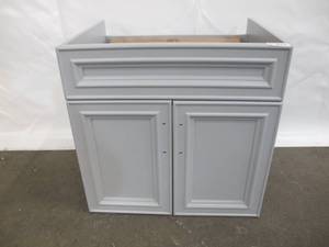lot 612 image: Decor Living Colette 24 in. W x 19 in. D Floating Vanity in Gray with Mirror (No Marble Vanity Top Included)