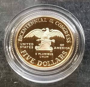 lot 01 image: 1989 US PROOF GOLD $5 BICENTENNIAL OF THE CONGRESS (.24 TROY OZ)