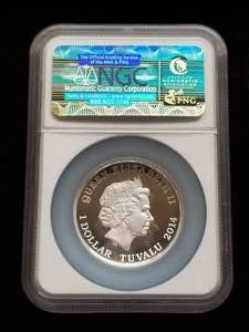 lot 02 image: 2014-P TUVALU $1 BUFFALO 1 TROY OZ .999 FINE SILVER HIGH RELIEF PF70 ULTRA CAMEO NGC