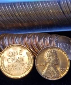 lot 24-A image: BU ROLL OF 1955-D US WHEAT CENTS 50 COINS