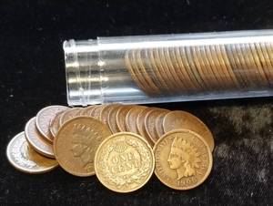 lot 01-A image: MIXED DATE ROLL OF 50 INDIAN HEAD CENTS G-VG COMMON DATES