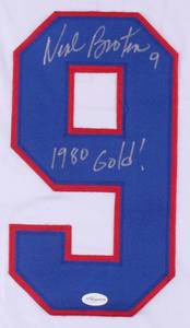 lot 30 image: Neal Broten Signed and Inscribed 1980 Gold Team USA Olympic White  Pro Style Jersey TSE COA