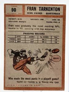 lot 18A image: 1962 Fran Tarkenton Minnesota Vikings Topps Rookie Card