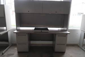 FREE STANDING DESK WITH DOUBLE DOOR HUTCH PLUS FILE CABINENTS