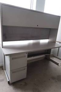 FREE STANDING DESK WITH COVERED SHELF  HUTCH.