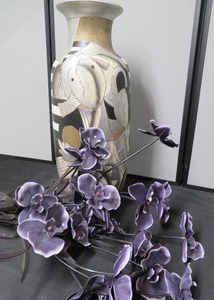 24 TALL POTTERY VASE WITH BEAUTIFUL BLACKPURPLE FLOWERS