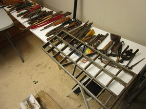 lot 234 image: VINTAGE ASSTD. HAND TOOLS, HAMMERS, HATCHETS, CURVED-HANDLE WRENCHES, FILES, MORE