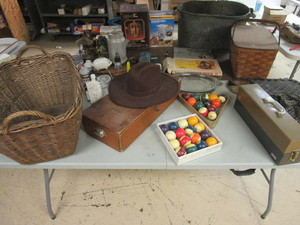 lot 237 image: ASSTD. VINTAGE GOODS, POOL BALLS, PICNIC BASKET, PRESTO TATER TWISTER, MORE