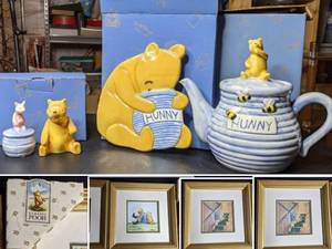 lot 110 image: Vintage Classic Winnie The Pooh Porcelain Set- Teapot, Salt and Pepper Shakers, Figuring, and Three Framed Prints