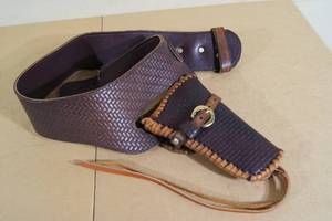 lot 211 image: Fully Tooled Dark Brown Leather Belt and Holster - Tan Woven Edge
