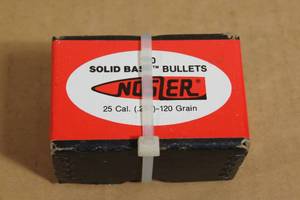 lot 193 image: 100 Nosler Solid Base 25 Cal 120 Gr Boat Tail Bullets