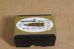 lot 194 image: 50 Nosler Partition 25 Cal 100 Gr Spitzer Bullets