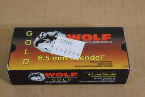 lot 58 image: 20 Wolf Gold 6.5mm Grendel 123 Gr Copper SP Ammo