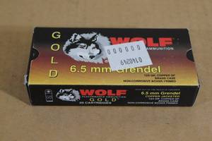 lot 59 image: 20 Wolf Gold 6.5mm Grendel 123 Gr Copper SP Ammo