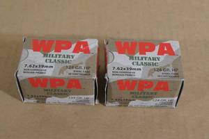 lot 75 image: 40 WPA Military Classic 7.62 x 39mm 124 Gr HP Steel Case Ammo