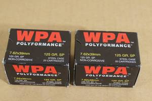 lot 76 image: 40 WPA Polyformance 7.62 x 39mm 125 Gr SP Steel Case Ammo