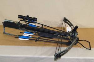 lot 9 image: Barnett Quad-300 Crossbow with Scope, Quiver, and Bolts