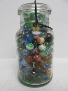 lot 53 image: Larger Bale Top Canning Jar Full of Vintage Marbles