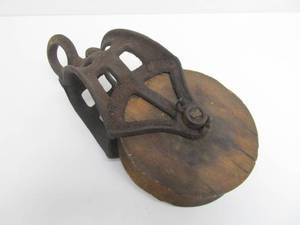 lot 70 image: Antique Industrial Wood & Cast Iron Pulley