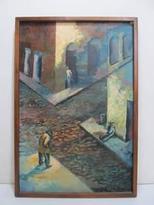 lot 304 image: Original Olde European Street Scene Oil Canvas Painting Signed Artist
