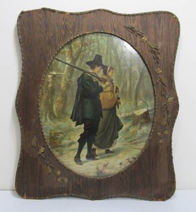 lot 281 image: Ornately Framed Antique Full Color Lithograph - John Alden & Priscilla Mullins